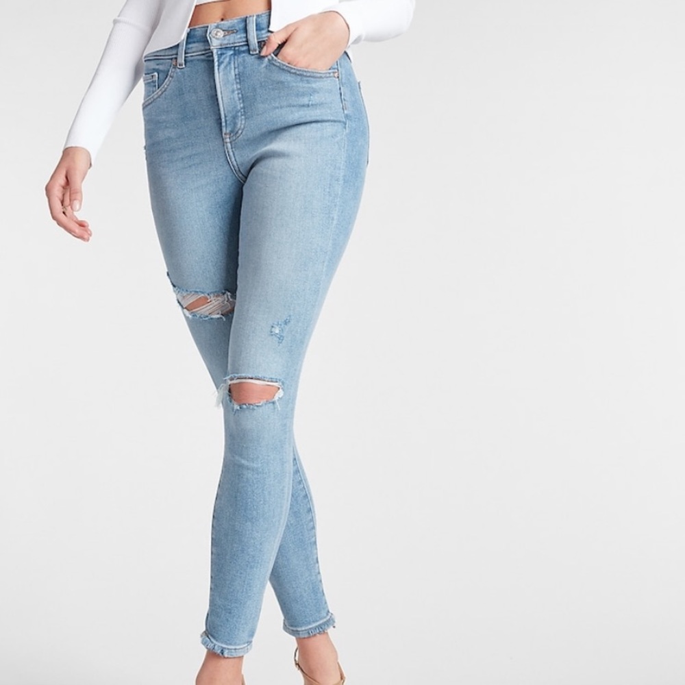 EXPRESS High Waisted Light Wash Ripped Skinny Jeans